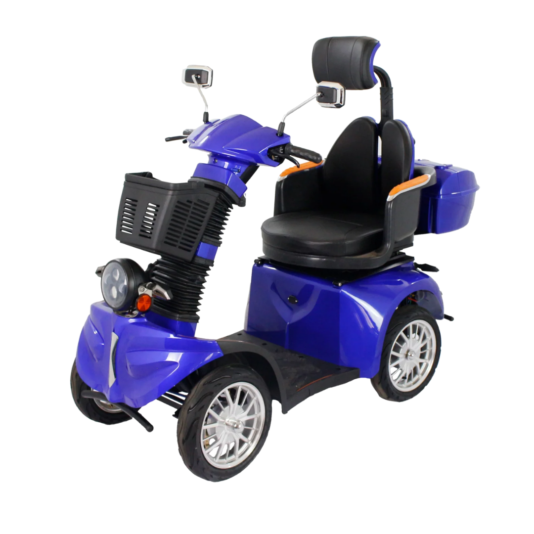 The GIO Tron Pro is a blue mobility scooter featuring 4-wheel stability, a padded seat, armrests, side mirrors, and a rear storage box—designed for comfortable and secure personal transportation.